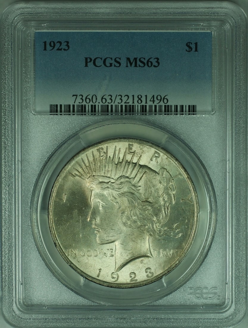 1923 Peace Silver Dollar $1 PCGS MS63 Uncirculated Philadelphia: 1923 Peace Silver Dollar $1 PCGS MS63 Uncirculated Philadelphia This 1923 Peace Silver Dollar is a stunning example of American numismatic history. Graded MS 63 by PCGS, this coin showcases its uncirc