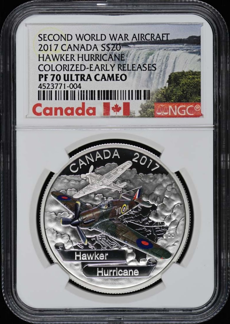 2017 Canada Hawker Hurricane S$20 NGC PR70DCAM Coin: 2017 Canada Hawker Hurricane S$20 NGC PR70DCAM Coin This 2017 Canada Hawker Hurricane coin is an early release with a certification number of 4523771004. Graded as PR70 by NGC, it is in uncirculated c