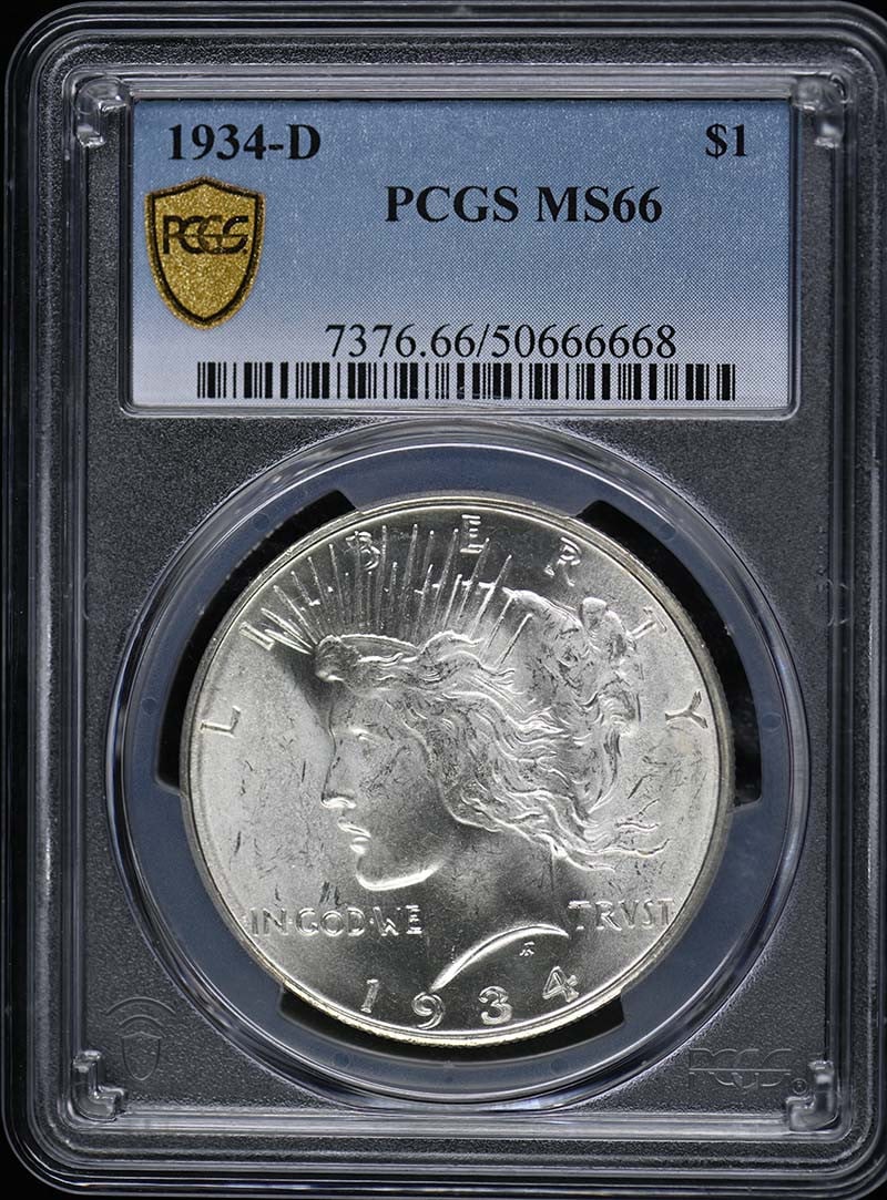 1934-D Peace Dollar PCGS MS66 Uncirculated Denver Mint: 1934-D Peace Dollar PCGS MS66 Uncirculated Denver Mint This 1934-D $1 Peace Dollar is graded MS66 by PCGS, ensuring its exceptional quality and preservation. Struck in Denver, this uncirculated coin f