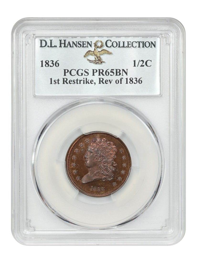 1836 1/2C PCGS PR65BN Classic Head Reddish-Brown Coin: 1836 1/2C PCGS PR65BN Classic Head Reddish-Brown Coin This stunning 1836 1/2C is certified by PCGS with a grade of PR65BN, representing the first restrike with the reverse of 1836. The coin is uncircu