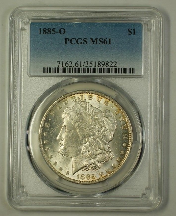 1885-O Morgan Silver Dollar Coin $1 PCGS MS-61 Uncirculated: 1885-O Morgan Silver Dollar Coin $1 PCGS MS-61 Uncirculated This 1885-O US Morgan Silver Dollar Coin is a remarkable piece of numismatic history, featuring a beautiful uncirculated condition graded at