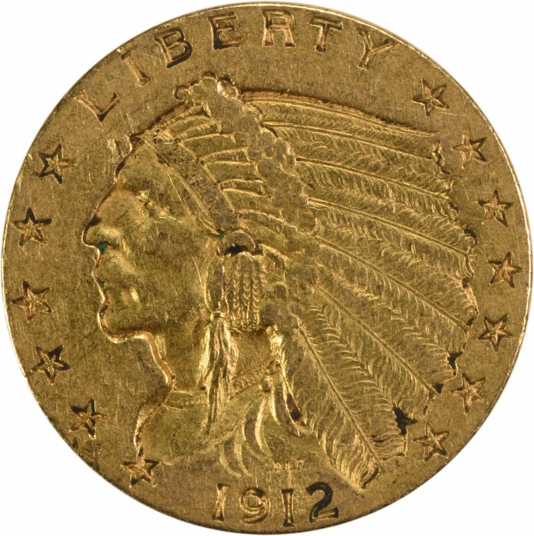 1912 $2.50 Gold Indian Coin AU by Bela Lyon Pratt: 1912 $2.50 Gold Indian Coin AU by Bela Lyon Pratt This 1912 $2.50 Gold Indian coin, designed by Bela Lyon Pratt, showcases exquisite craftsmanship from the Philadelphia mint. The coin is graded as AU
