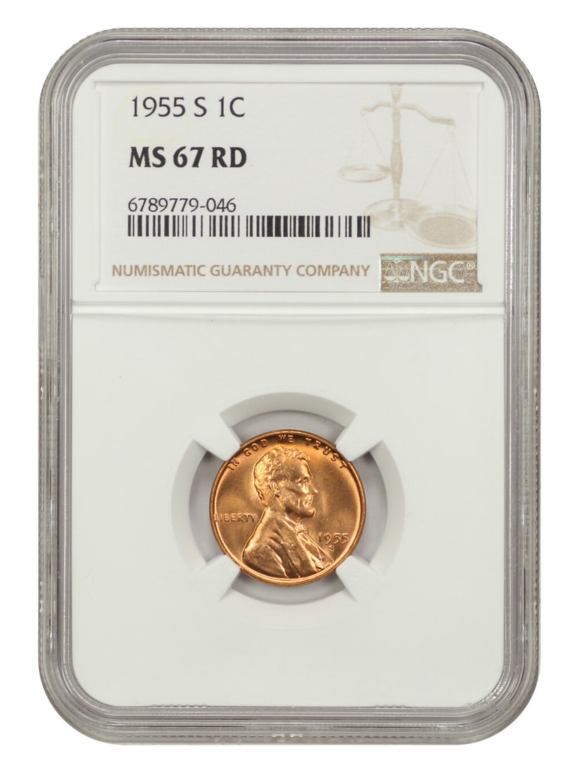 1955-S Lincoln Cent NGC MS67RD Uncirculated Wheat Reverse: 1955-S Lincoln Cent NGC MS67RD Uncirculated Wheat Reverse This 1955-S Lincoln Cent is certified by NGC with a grade of MS67RD, indicating it's in uncirculated condition. It features the classic wheat