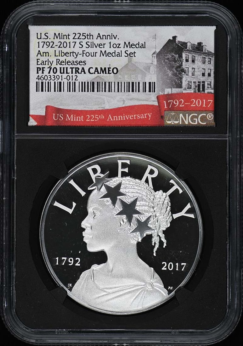 1792-2017 Silver 1oz 4 Medal Set NGC PR70DCAM: 1792-2017 Silver 1oz 4 Medal Set NGC PR70DCAM This exquisite 1792-2017 Silver 1oz 4 Medal Set features uncirculated proof coins, each certified by NGC with a remarkable PR70 grade. The set commemorate
