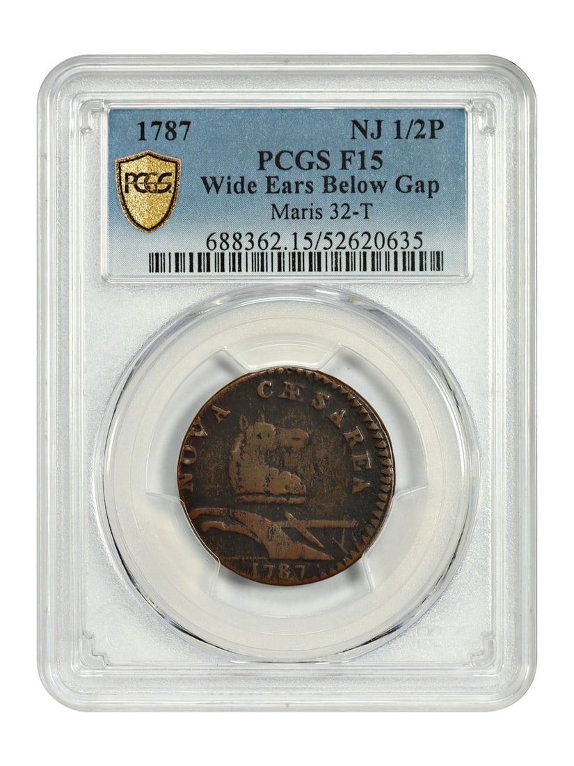 1787 New Jersey Colonial Halfpenny Maris 32-T PCGS Fine 15 Wide Ears Below Gap (1 of 4)