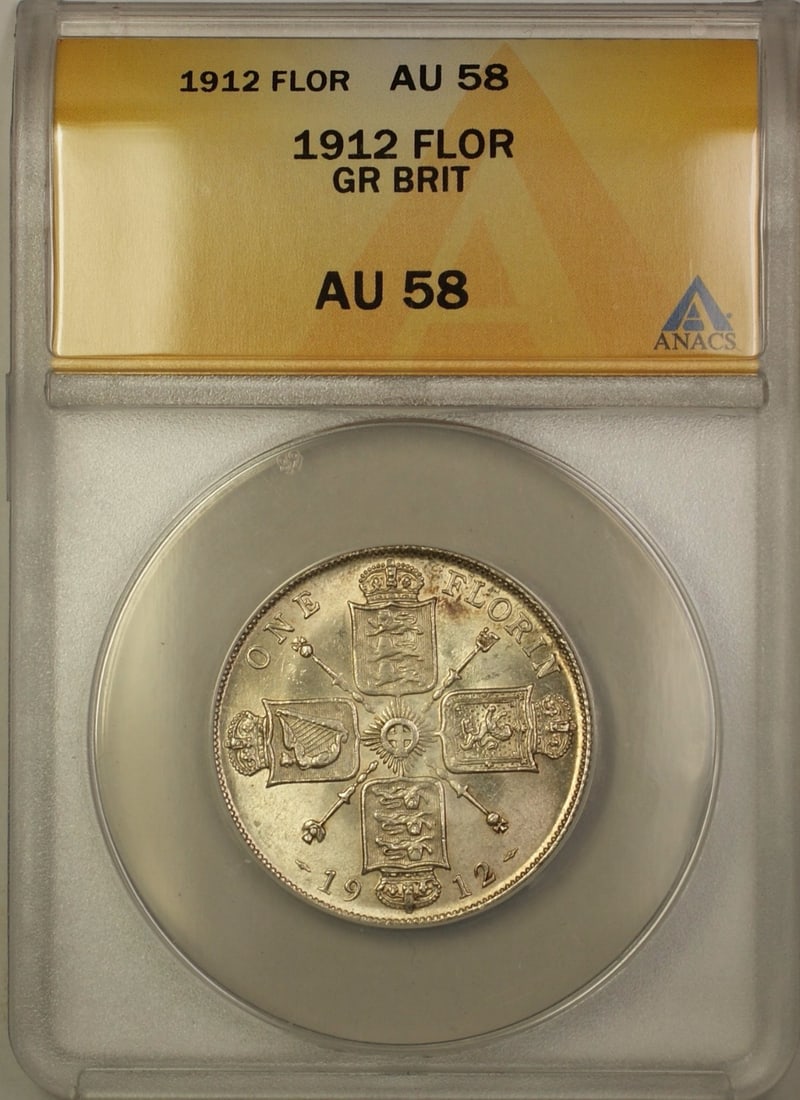 1912 Great Britain Silver Florin Coin ANACS AU58 Certified: 1912 Great Britain Silver Florin Coin ANACS AU58 Certified This 1912 Great Britain Silver Florin Coin is a valuable piece for collectors and enthusiasts alike. Graded AU 58 by ANACS, it showcases a we