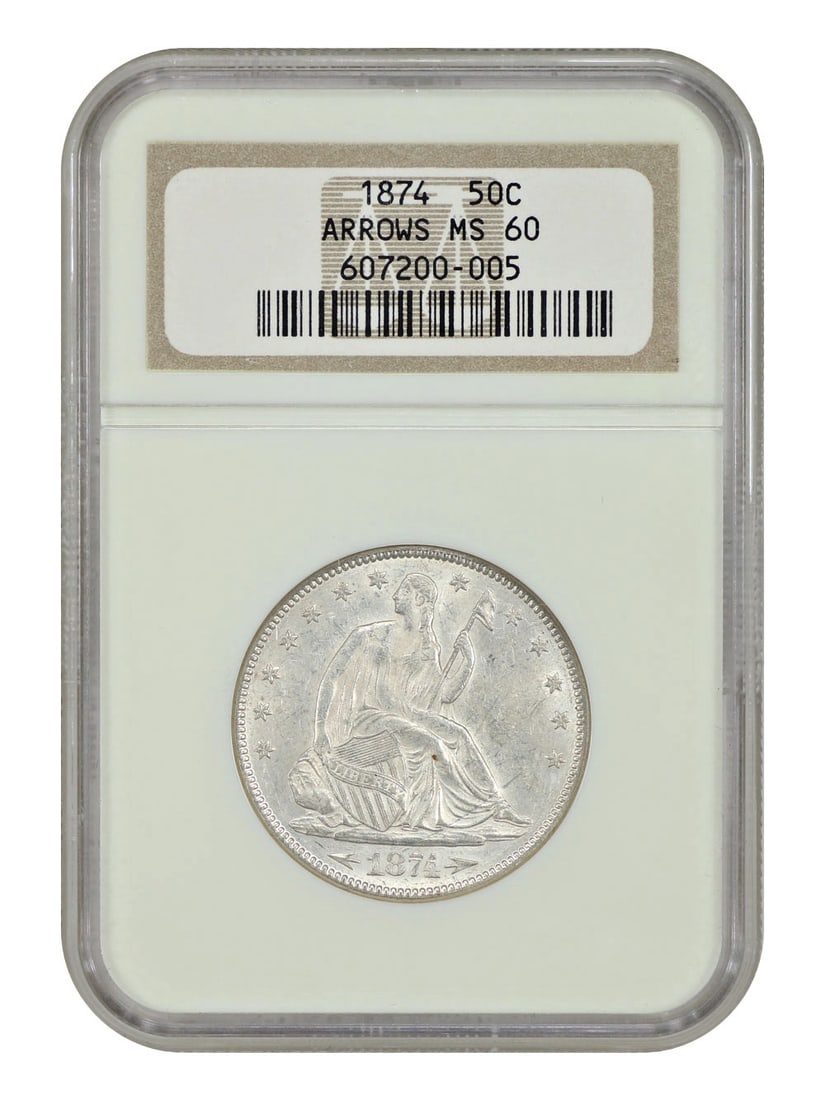 1874 Liberty Seated Half Dollar 50C NGC MS60 Arrows Uncirculated: 1874 Liberty Seated Half Dollar 50C NGC MS60 Arrows Uncirculated This 1874 Liberty Seated Half Dollar, certified by NGC as MS60, is a remarkable example of the "Arrows" type. Struck at the Philadelphi