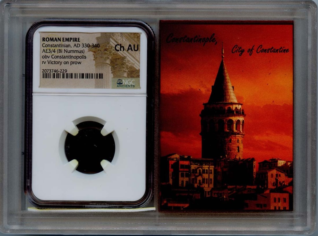 Constantinian AE3/4 Ancient Roman Coin NGC AU55 Certified: Constantinian AE3/4 Ancient Roman Coin NGC AU55 Certified This ancient Roman coin, dating from AD 330-340, is a Constantinian AE3/4 (BI Nummus) with a certification grade of AU55 from NGC. The coin is