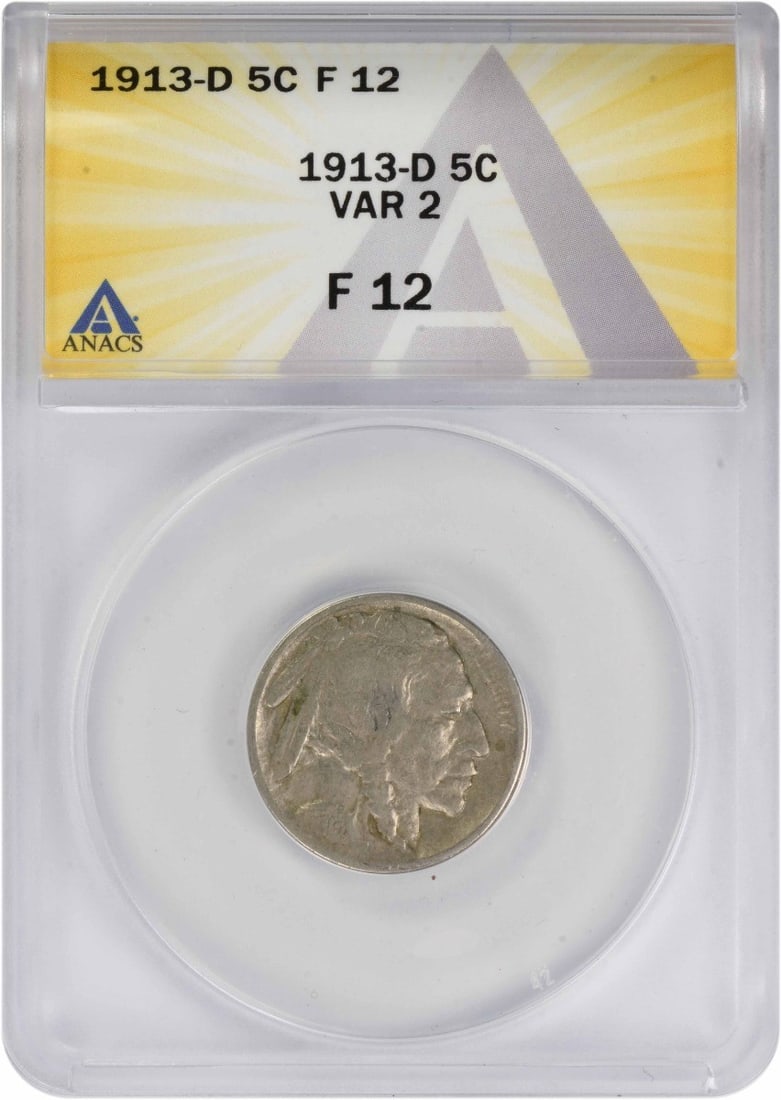 ANACS F12 1913 Denver Mint Buffalo Nickel Type 2 Five Cent Coin: ANACS F12 1913 Denver Mint Buffalo Nickel Type 2 Five Cent Coin This 1913-D Buffalo Nickel Type 2 is a circulated coin graded F12 by ANACS. Minted in Denver, this coin features a composition of 75% co