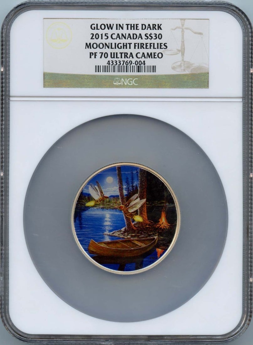 2015 Canada Moonlight Fireflies S$30 Coin NGC PR70 Uncirculated: 2015 Canada Moonlight Fireflies S$30 Coin NGC PR70 Uncirculated This stunning 2015 Canada Moonlight Fireflies coin features a flawless PR70 grade from NGC, making it a remarkable addition for collecto
