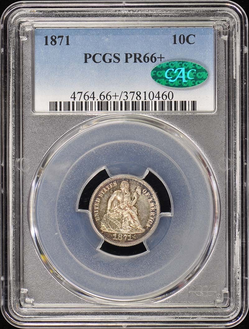 1871 Liberty Seated Dime PCGS PR66+ CAC Proof Coin: 1871 Liberty Seated Dime PCGS PR66+ CAC Proof Coin This stunning 1871 Liberty Seated Dime is graded PR66+ by PCGS and features the prestigious CAC designation. Struck in Philadelphia, this uncirculate