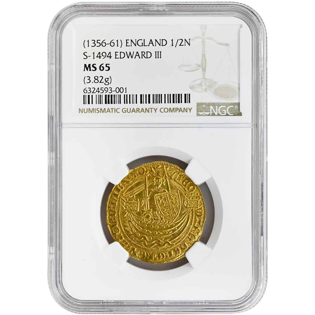 Rare Edward III 1/2 Noble Gold Coin NGC MS65 Great Britain: Rare Edward III 1/2 Noble Gold Coin NGC MS65 Great Britain This rare 1/2 Noble coin from Great Britain features the reign of Edward III and is a remarkable example of historical currency. Graded MS 65