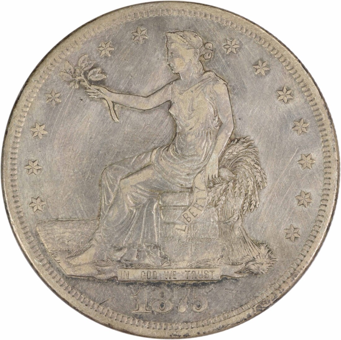 1875-CC Trade Dollar $1 by William Barber Uncertified Silver Coin: 1875-CC Trade Dollar $1 by William Barber Uncertified Silver Coin This 1875-CC Trade Dollar is a remarkable piece of numismatic history, featuring a stunning design by William Barber. The coin is circ