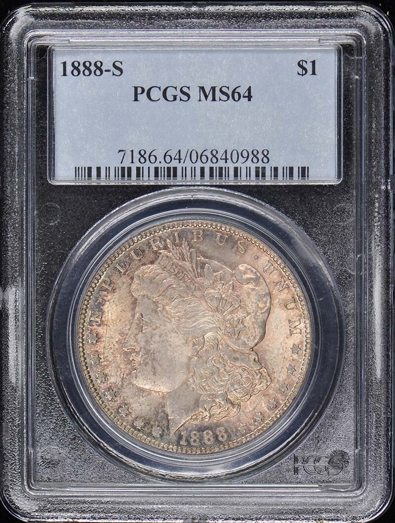 1888-S Morgan Dollar PCGS MS64 Uncirculated San Francisco: 1888-S Morgan Dollar PCGS MS64 Uncirculated San Francisco This 1888-S Morgan Dollar is certified by PCGS with a grade of MS64, indicating its uncirculated condition. Minted in San Francisco, this icon