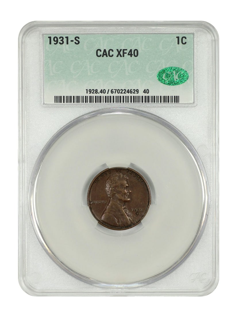 1931-S Lincoln Cent Wheat Reverse CACG XF40 Key Date: 1931-S Lincoln Cent Wheat Reverse CACG XF40 Key Date This 1931-S Lincoln Cent features a Wheat Reverse and is a notable key date in the series that remains quite affordable. It is certified by CACG wi