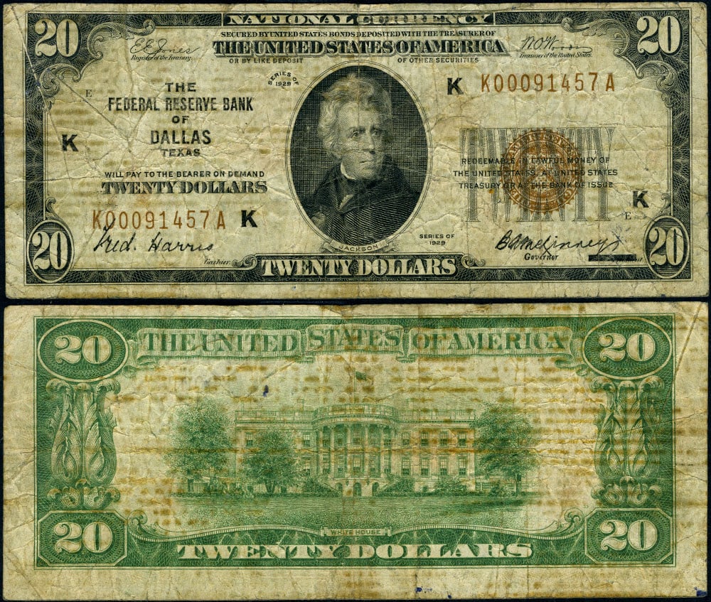 1929 $20 Federal Reserve Note Dallas Circulated Uncertified (1 of 3)