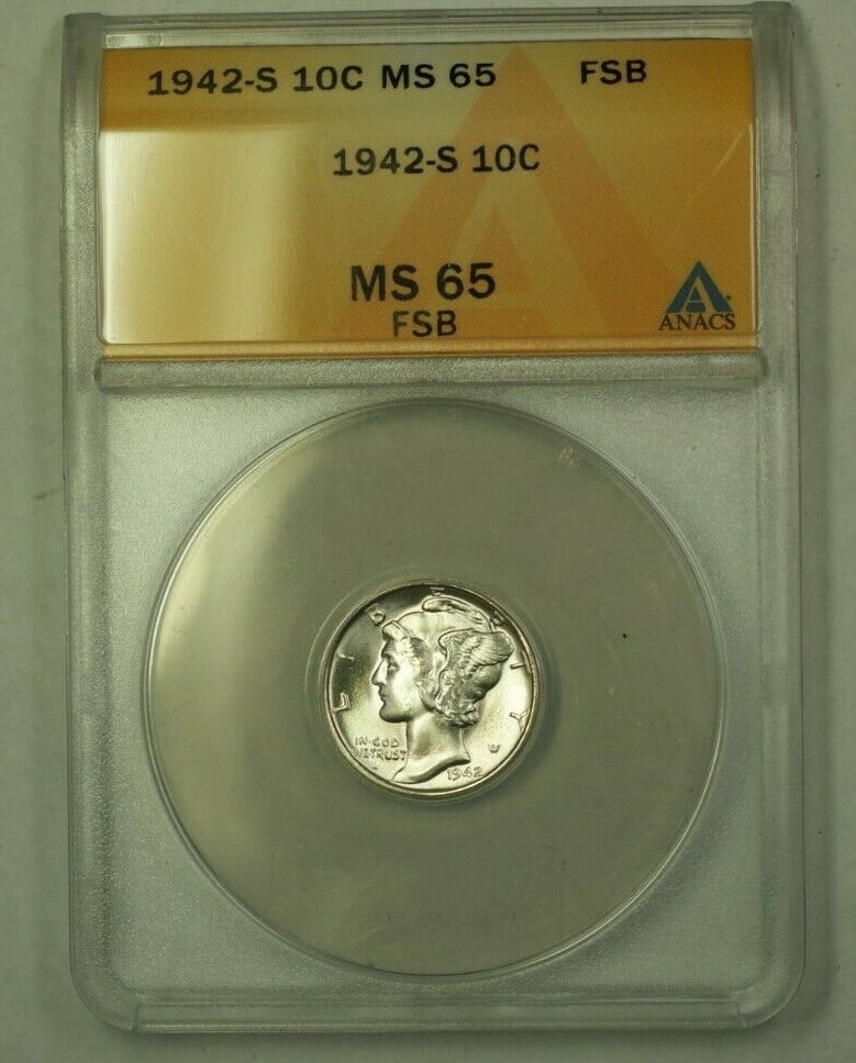 1942-S Mercury Dime 10C ANACS MS-65 Uncirculated Silver Coin (1 of 2)