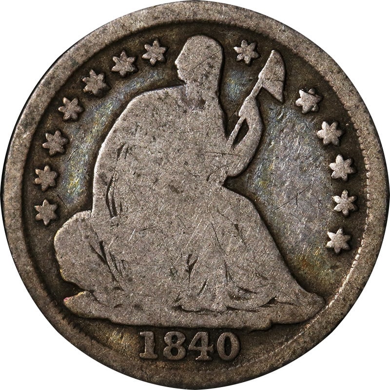 1840-O Seated Liberty Half Dime Silver Coin No Drapery: 1840-O Seated Liberty Half Dime Silver Coin No Drapery This 1840-O Seated Liberty Half Dime features the distinct "No Drapery" design and was minted in New Orleans. The coin is composed of silver and