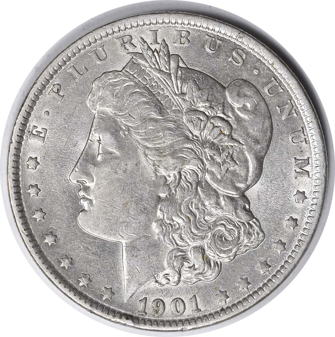 1901 VAM 5 Morgan Silver Dollar AU Uncertified 90% Silver Coin: 1901 VAM 5 Morgan Silver Dollar AU Uncertified 90% Silver Coin This 1901 VAM 5 Morgan Silver Dollar features a stunning doubled ear design, showcasing the artistry of renowned designer George T. Morga