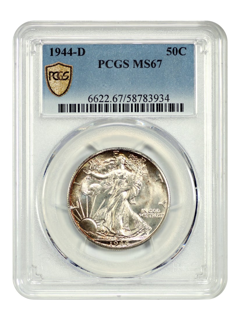 1944-D Walking Liberty Half Dollar PCGS MS67 Uncirculated: 1944-D Walking Liberty Half Dollar PCGS MS67 Uncirculated This stunning 1944-D Walking Liberty Half Dollar is graded as MS67 by PCGS, ensuring its exceptional quality and uncirculated condition. Minte