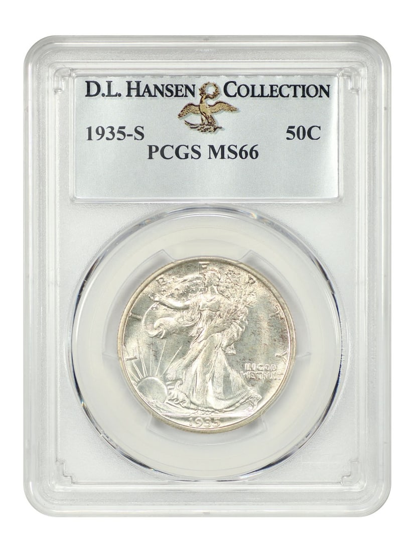 PCGS MS66 1935 San Francisco Walking Liberty Half Dollar ex D L Hansen: PCGS MS66 1935 San Francisco Walking Liberty Half Dollar ex D L Hansen This 1935-S Walking Liberty Half Dollar is graded MS66 by PCGS and originates from the D.L. Hansen collection. The coin features
