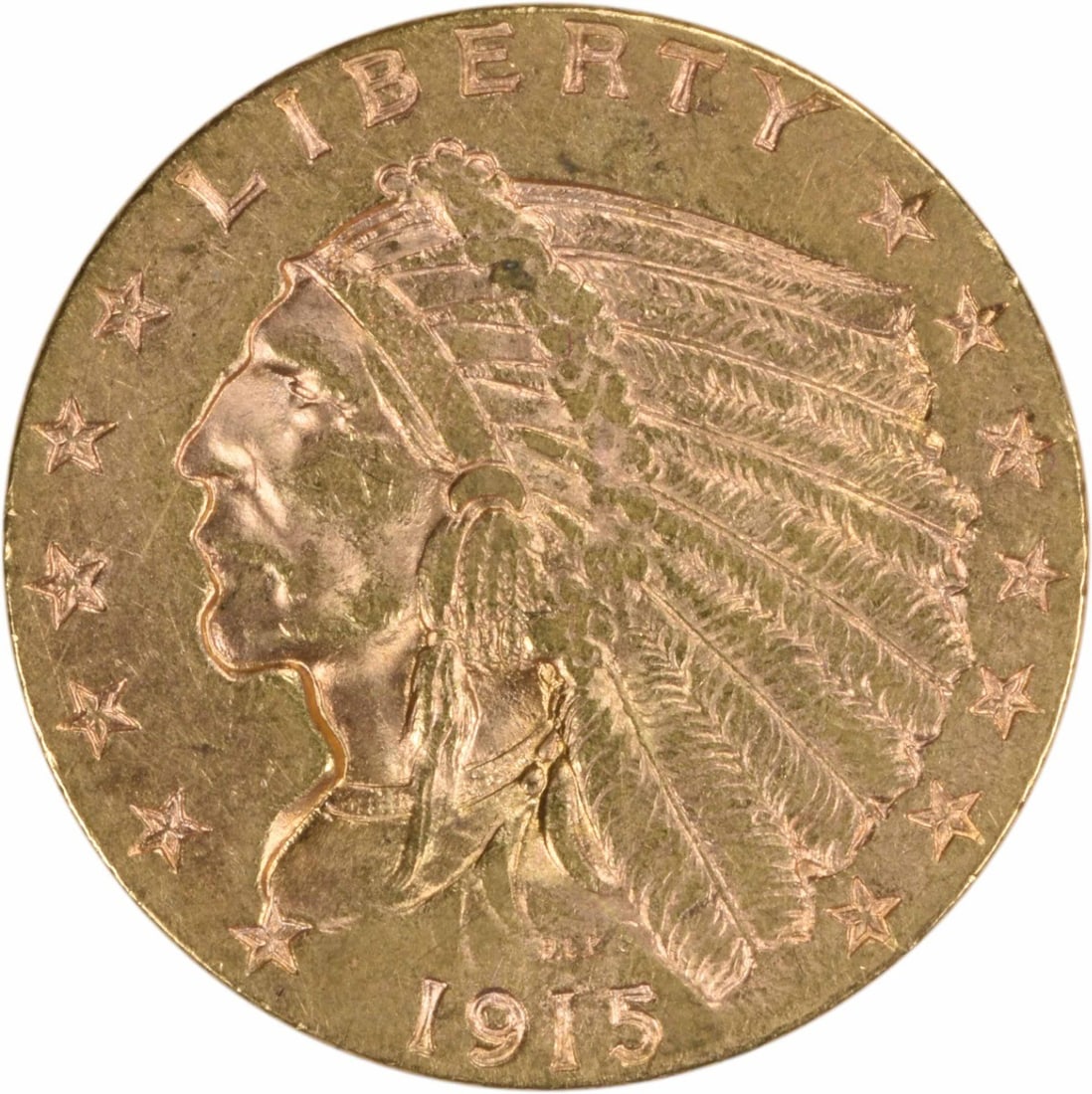 1915 $2.50 Gold Indian Coin AU by Bela Lyon Pratt: 1915 $2.50 Gold Indian Coin AU by Bela Lyon Pratt This 1915 $2.50 Gold Indian coin, minted in Philadelphia, features a stunning design by Bela Lyon Pratt. With a composition of 90% gold and 10% copper