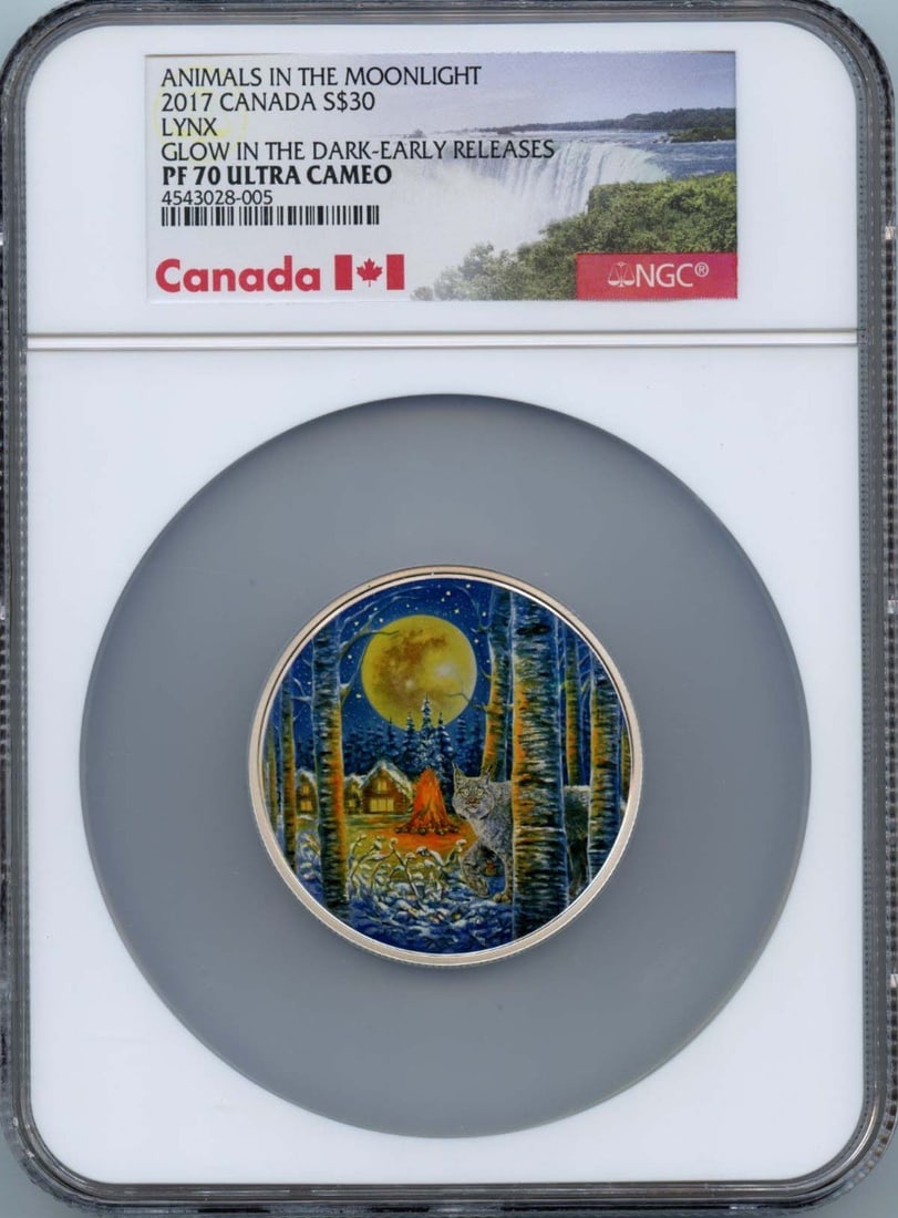 2017 Canada Lynx Glow in Dark S$30 NGC PR70 DCAM Coin: 2017 Canada Lynx Glow in Dark S$30 NGC PR70 DCAM Coin This 2017 Canada Lynx coin features a striking glow-in-the-dark effect, making it a captivating addition to any collection. Certified by NGC with