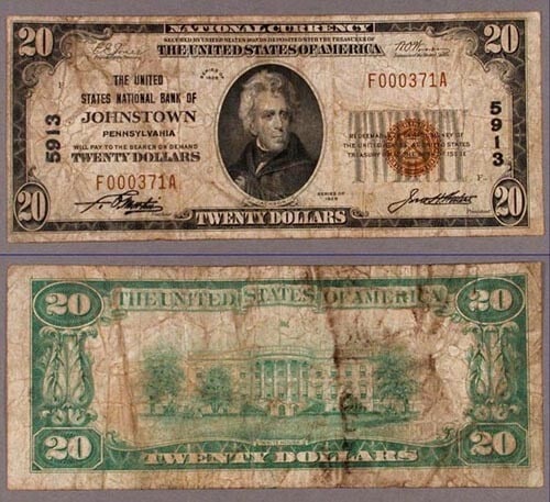 1929 T-1 $20 National Bank Note Johnstown PA Ch #5913 (1 of 1)