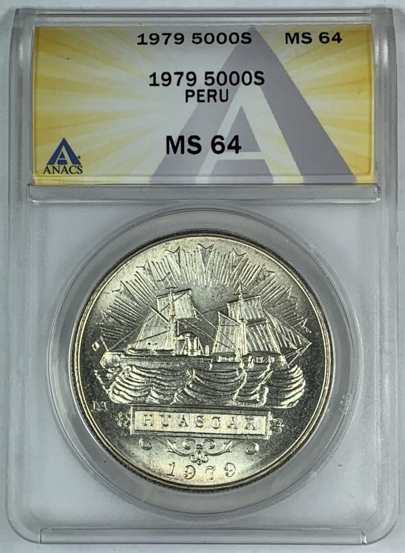 1979 5000 Soles Peru Silver Coin ANACS MS 64 Uncirculated: 1979 5000 Soles Peru Silver Coin ANACS MS 64 Uncirculated This 1979 5000 Soles Peru Coin is a stunning piece of numismatic history, graded MS 64 by ANACS, indicating its exceptional quality. Made of s