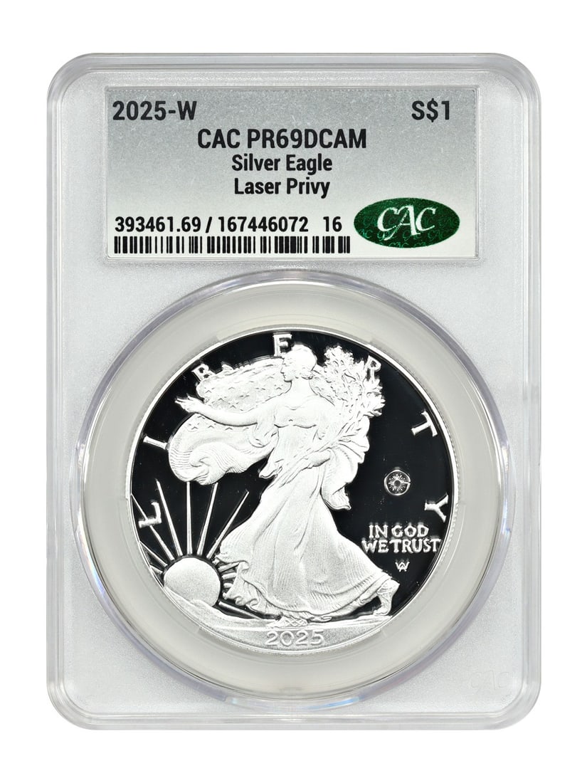 2025 Silver Eagle Dollar CACG PR69DCAM Laser Privy One Ounce Coin (1 of 4)