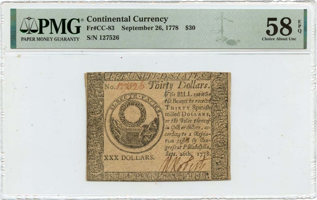 1778 $30 Continental Currency Type CC-83 PMG AU58 Certified Note (1 of 2)