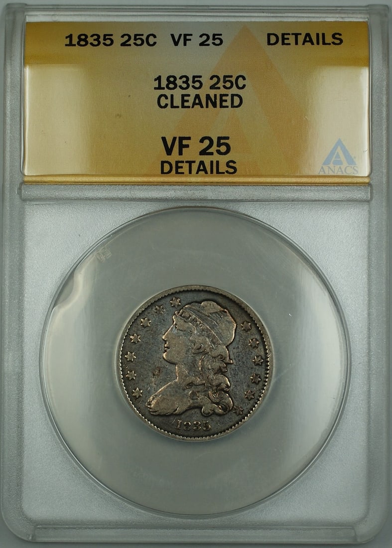 1835 Capped Bust Silver Quarter ANACS VF-25 Coin from Philadelphia (1 of 2)