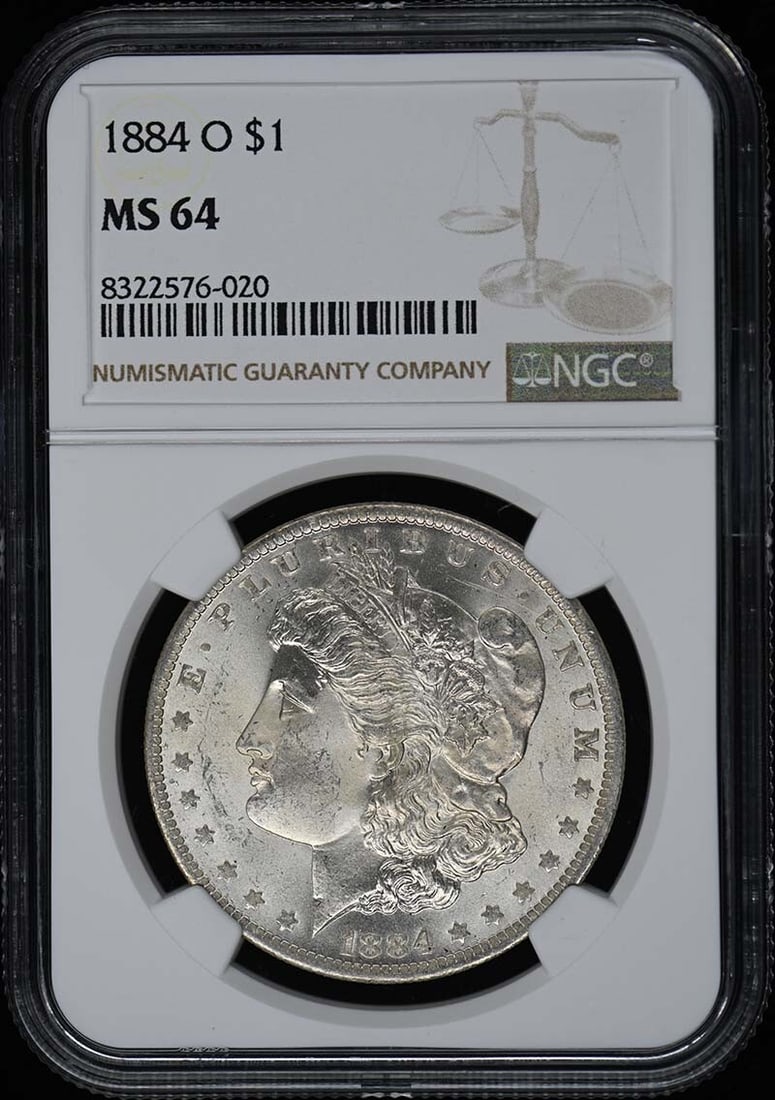 1884-O NGC MS64 Morgan Dollar Uncirculated New Orleans Coin: 1884-O NGC MS64 Morgan Dollar Uncirculated New Orleans Coin This 1884-O Morgan Dollar is a certified coin from the New Orleans mint, graded MS64 by NGC, indicating its uncirculated condition. The coin