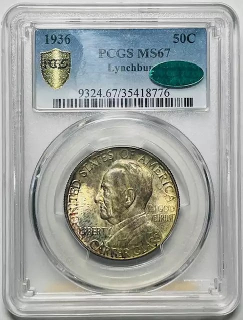 1936 P Lynchburg Virginia Silver Commemorative Coin PCGS MS67 CAC: 1936 P Lynchburg Virginia Silver Commemorative Coin PCGS MS67 CAC This 1936 P Classic Commemorative coin from Lynchburg, Virginia is a remarkable piece graded MS 67 by PCGS and CAC, ensuring its excep