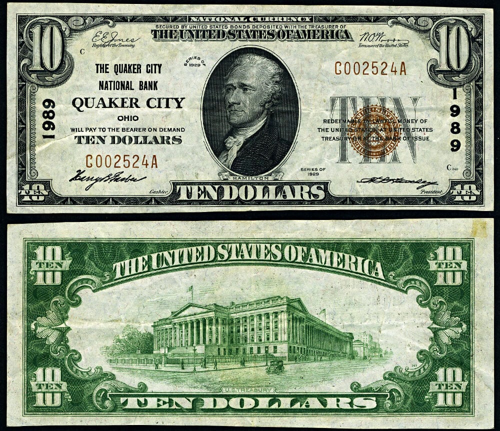 1929 T-1 $10 National Bank Note Quaker City Ohio Ch #1989 (1 of 3)