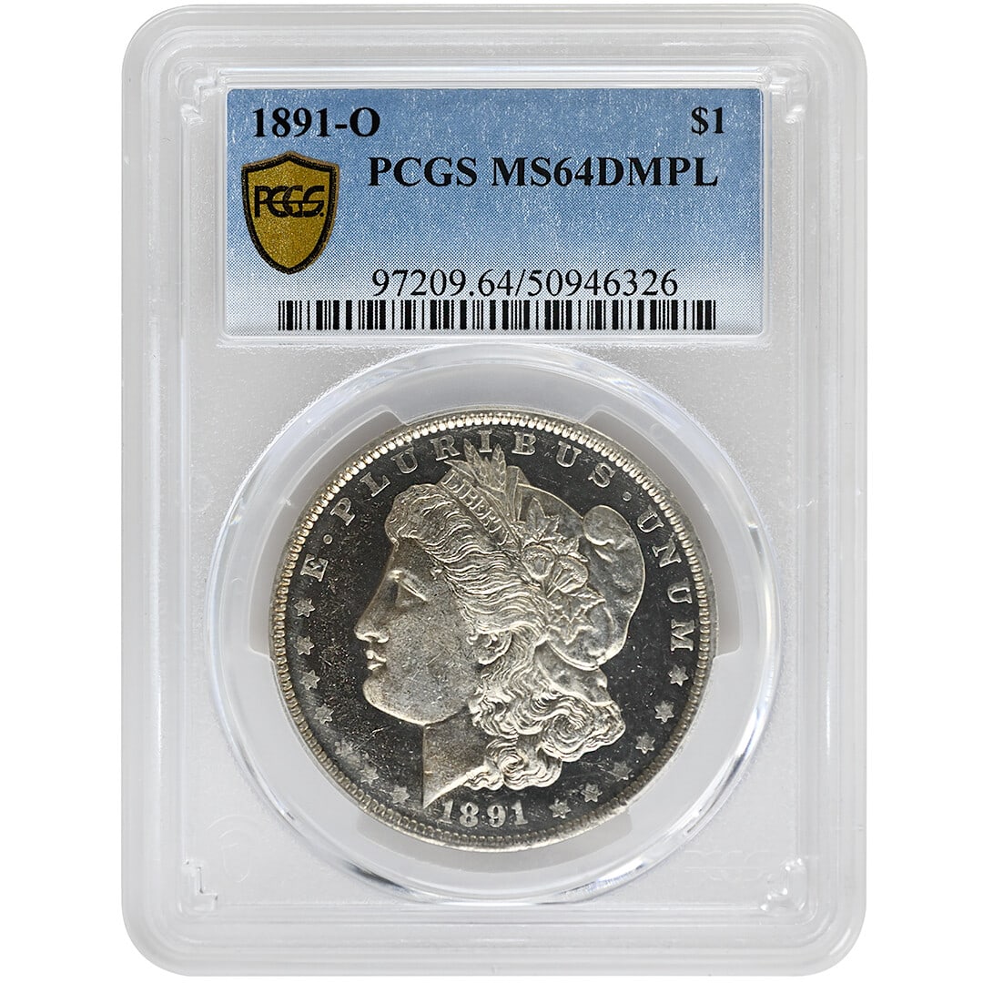 1891-O Morgan Dollar PCGS MS64DMPL Deep Mirror Proof-Like Rare Coin: 1891-O Morgan Dollar PCGS MS64DMPL Deep Mirror Proof-Like Rare Coin This 1891-O $1 Morgan Dollar is a remarkable example of numismatic artistry, certified by PCGS with a grade of MS64DMPL, indicating