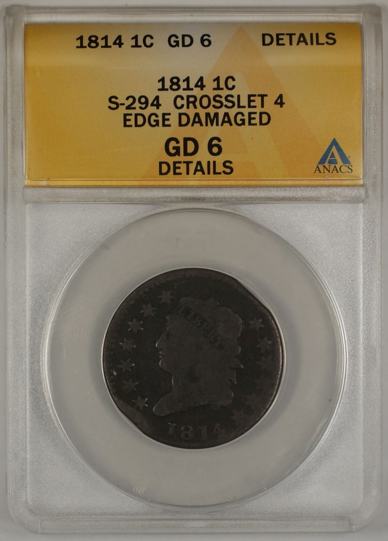 1814 Classic Head 1C Copper Coin ANACS GD 6 Philadelphia: 1814 Classic Head 1C Copper Coin ANACS GD 6 Philadelphia This 1814 Classic Head One Cent coin, graded GD 6 by ANACS, is a beautiful representation of early American currency. Minted in Philadelphia, t