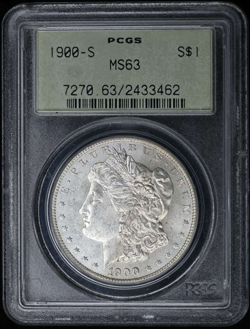 1900-S Morgan Dollar PCGS MS63 Uncirculated San Francisco: 1900-S Morgan Dollar PCGS MS63 Uncirculated San Francisco This stunning 1900-S Morgan Dollar is certified by PCGS with a grade of MS63, indicating it is in uncirculated condition. Minted in San Franci