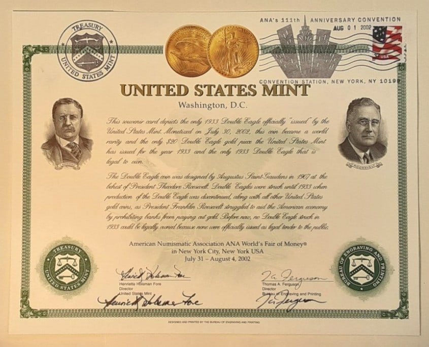 2002 US Mint Souvenir Card 1933 $20 Gold Autographed Collectible (1 of 3)