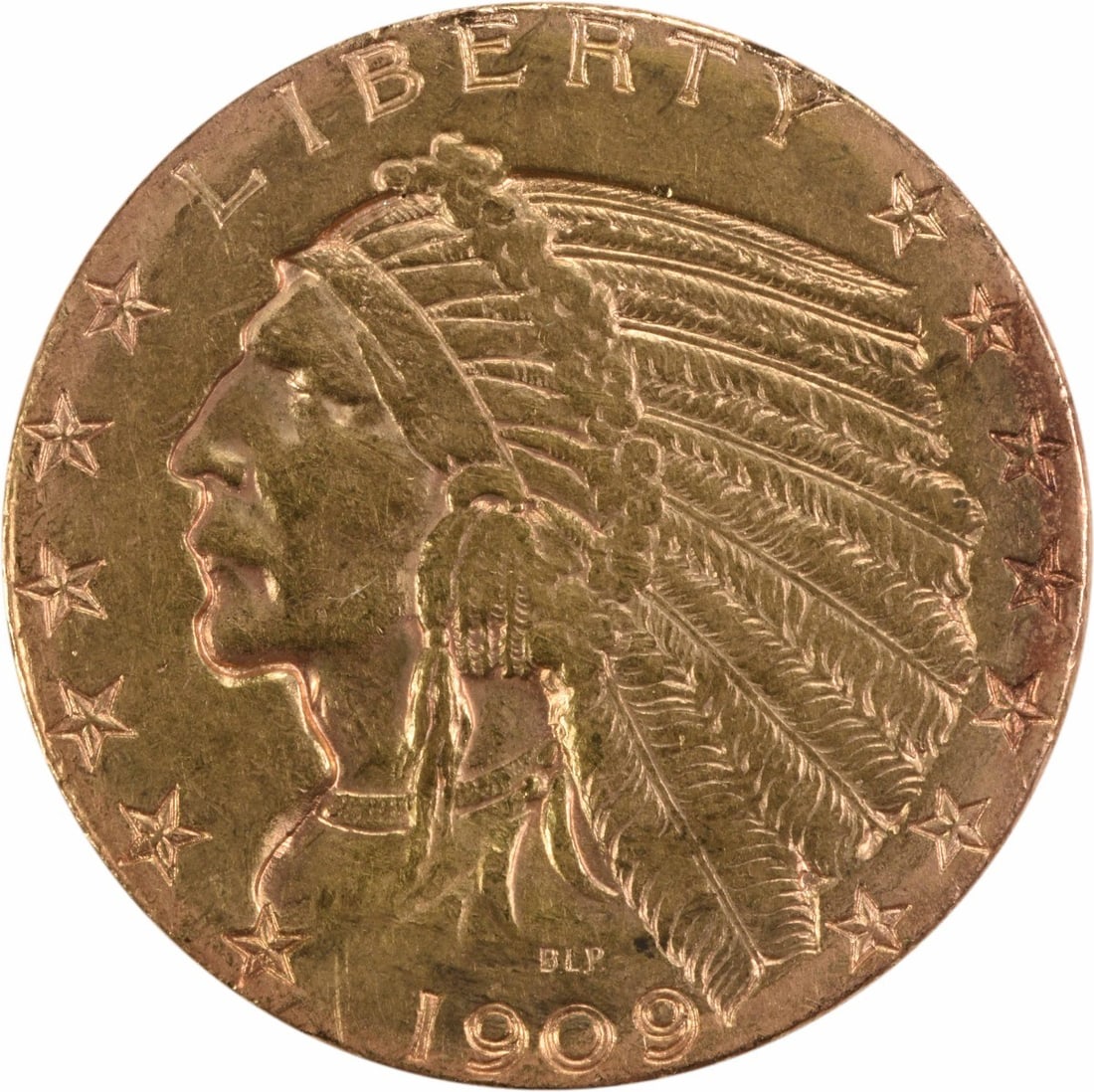 1909-D Gold Indian $5 Coin AU Uncertified by Bela Lyon Pratt: 1909-D Gold Indian $5 Coin AU Uncertified by Bela Lyon Pratt This 1909-D $5 Gold Indian coin showcases a striking design by Bela Lyon Pratt, featuring a Native American chief on the obverse and an eag