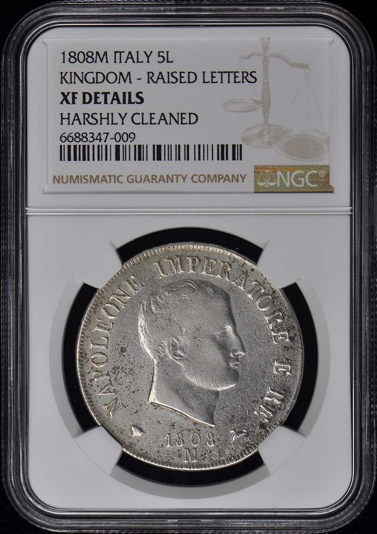 1808 Italy 5 Lira Coin NGC XF Details Raised Letters: 1808 Italy 5 Lira Coin NGC XF Details Raised Letters This is an uncirculated coin from the Kingdom of Italy, minted in 1808. The coin features raised letters and has been certified by NGC with a grade