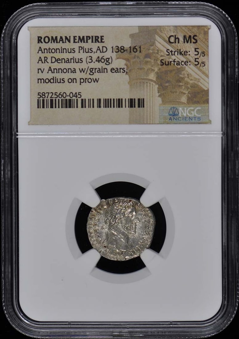 Antoninus Pius AR Denarius NGC 63 Ancient Roman Coin: Antoninus Pius AR Denarius NGC 63 Ancient Roman Coin This exquisite Ancient Roman AR Denarius features Antoninus Pius, who ruled from AD 138 to 161. The coin is certified by NGC with a certification n
