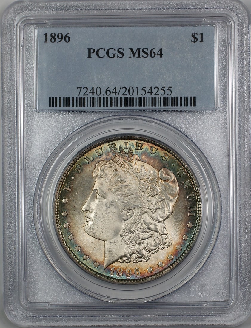 1896 Morgan Silver Dollar PCGS MS 64 Toned Coin: 1896 Morgan Silver Dollar PCGS MS 64 Toned Coin This stunning 1896 Morgan Silver Dollar is graded MS-64 by PCGS, reflecting its exceptional quality and preservation. Struck in Philadelphia, this uncir