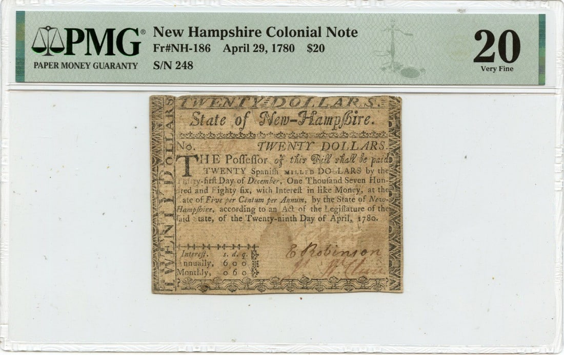 1780 $20 New Hampshire Colonial Currency PMG VF20 Specimen (1 of 2)