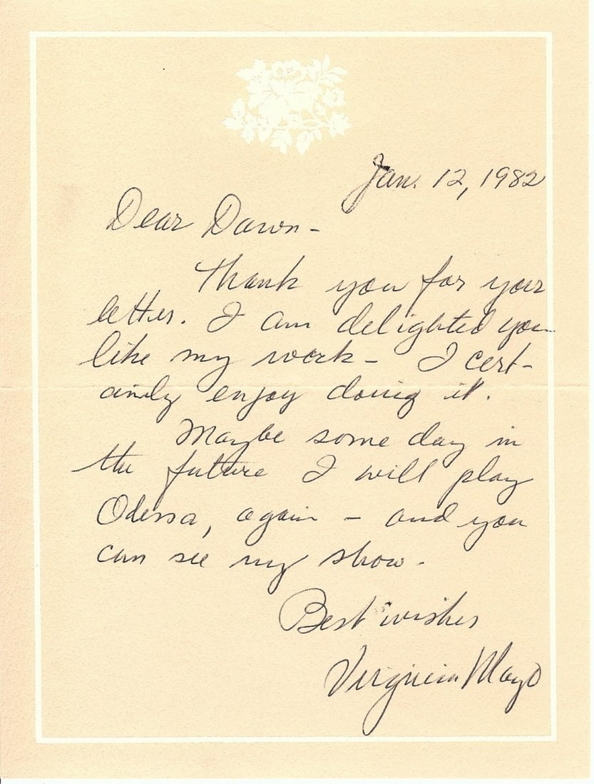 Virginia Mayo 1982 Signed Letter Authenticated by JSA (1 of 2)