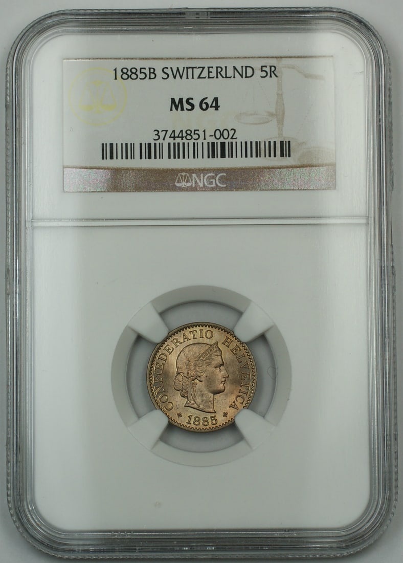 1885-B Switzerland 5 Rappen Coin NGC MS 64 Gem Uncirculated (1 of 1)
