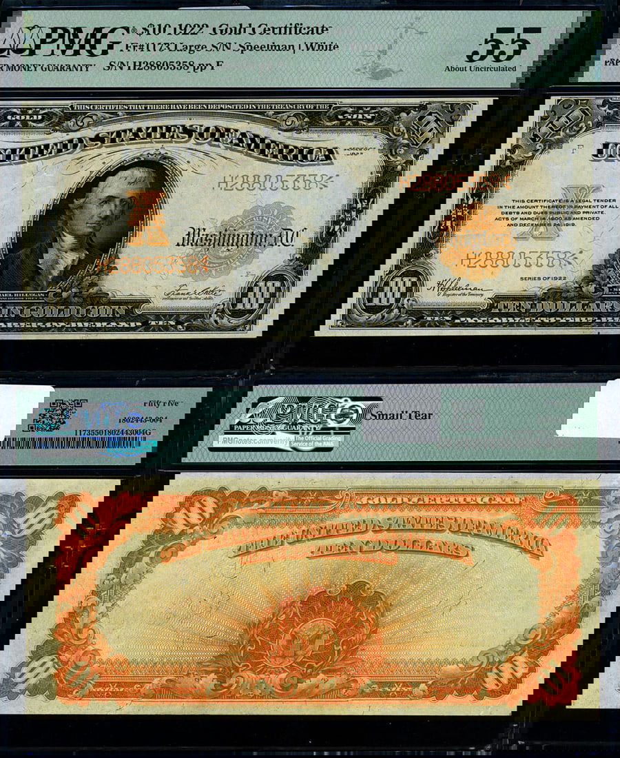 1922 $10 Gold Certificate FR. 1173 PMG AU55 Large Serial Number (1 of 3)
