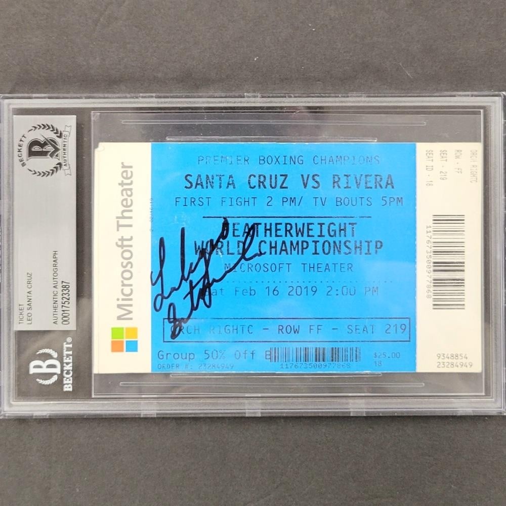 Leo Santa Cruz 2019 Autographed Fight Ticket vs Rivera Authentic: Leo Santa Cruz 2019 Autographed Fight Ticket vs Rivera Authentic This is an original fight ticket signed by professional boxer Leo Santa Cruz, commemorating his match against Rivera in 2019. The ticke