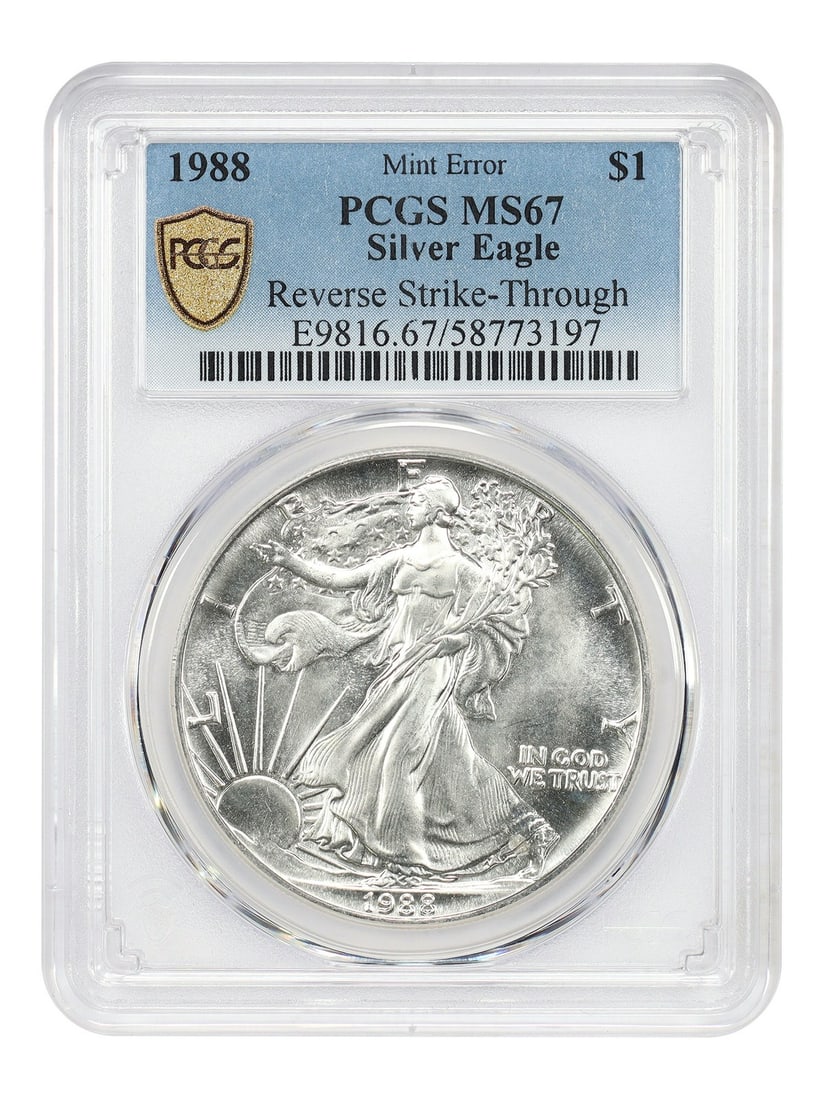 1988 Silver Eagle Dollar PCGS MS67 Reverse Strike Through Mint Error (1 of 4)