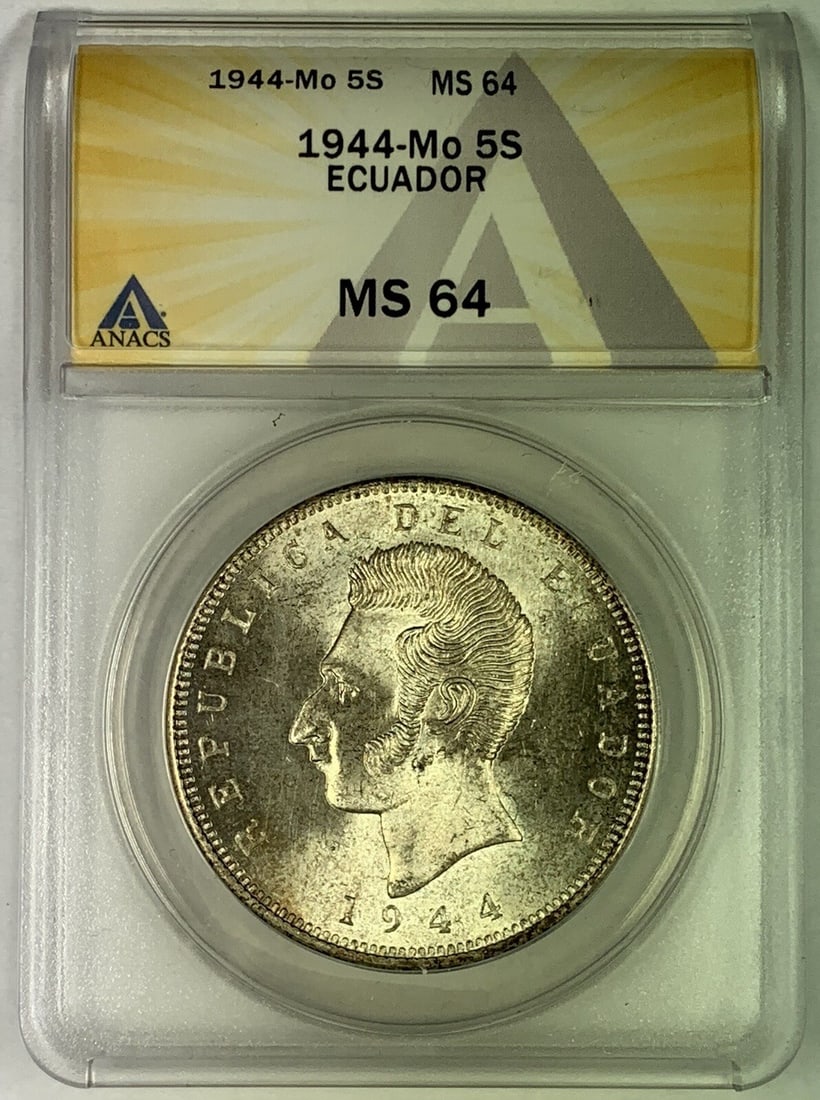 1944-Mo 5 Sucres Ecuador Silver Coin ANACS MS 64 Uncirculated (1 of 2)